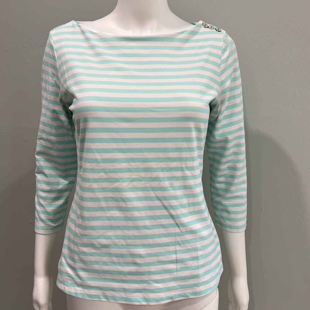 J MCLAUGHLIN Wavesong Top Boatneck Buttons Striped Aqua White Stripes
